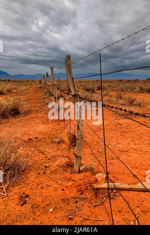 Vecchi pali e recinzione di filo intemperati nel duro entroterra australiano Foto Stock