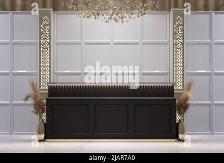 Design degli interni, 3D rendering di modanature classiche per pannelli a parete e banco ricevimento, spazio copia sfondo per mockup illustrazioni, ecc. Foto Stock