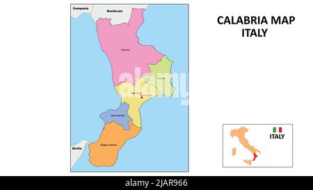 Mappa Calabria. Mappa dello stato e del distretto della Calabria. Mappa politica della Calabria con paesi e confini vicini. Illustrazione Vettoriale