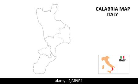Mappa Calabria. Mappa dello stato e del distretto della Calabria. Mappa politica della Calabria con contorno e disegno in bianco e nero. Illustrazione Vettoriale
