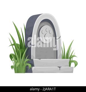 Lapide di PET, funerali animali con stampa dei piedi decorata con erba in stile cartoon isolato su sfondo bianco. . Illustrazione vettoriale Illustrazione Vettoriale