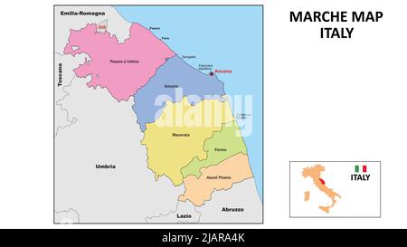 Mappa Marche. Mappa dello stato e del distretto delle Marche. Mappa politica delle Marche con paesi e confini vicini. Illustrazione Vettoriale