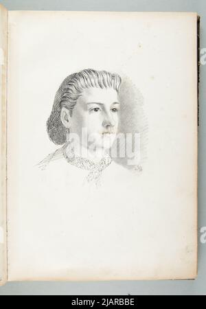 Schizzbook dagli anni intorno a 1866 OK.1873 scheda No. 46 (senza numerazione dell'autore) due disegni obverse: 1. Busto di una giovane donna in termini di EN Trois Quarts; Reverse: 2. Uno schizzo affrettato di un uomo a cavallo in una fossa d'acqua Łosik, Tomasz (1848 1896) Foto Stock
