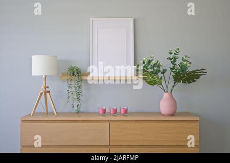Telaio interno con telaio vuoto su ripiano in legno Foto Stock