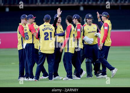 Aron Nijjar dell'Essex festeggia con i suoi compagni di squadra dopo aver preso il cazzo di Ross Whiteley durante Essex Eagles vs Hampshire Hawks, Vitality Blast T2 Foto Stock