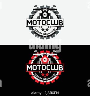Modello di design per motociclette con logo Gear. Adatto per motociclette Biker Shop Workshop Club Organisation Business Brand Company a retro Hipst Illustrazione Vettoriale