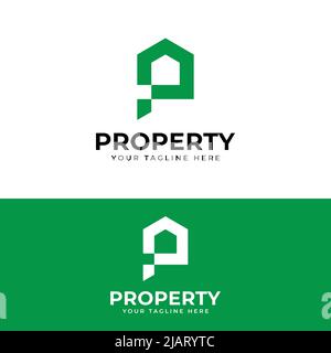 Modello di disegno del logo della Casa di proprietà iniziale del monogramma della lettera P. Adatto per architettura Proprietà Realty Development Construction Finance Company Bu Illustrazione Vettoriale