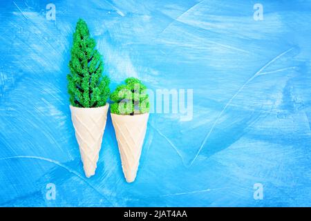 Due alberi in miniatura in coni per gelato a cialde isolati su sfondo bianco-blu. Foto Stock