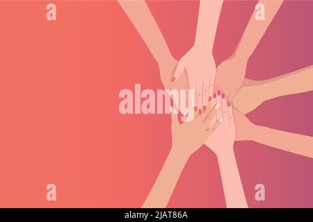 Vista ad angolo elevato delle persone che si accatastano le mani l'una sull'altra. Illustrazione Vettoriale