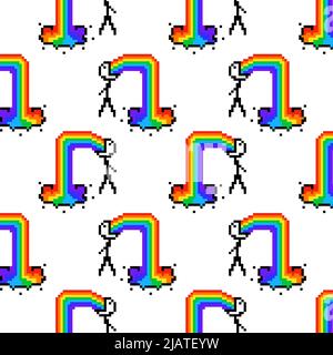 Ragazzo malato che puking arcobaleno. Sfondo a pattern senza cuciture con 8 bit pixel man vomita arcobaleno. Stile fumetto cartone del 80s-90s. Per tessuto, confezionamento, tessile Illustrazione Vettoriale