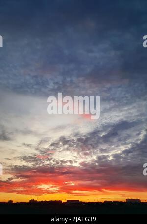 Tramonto colorato da sogno sull'orizzonte della città, sfondo celeste verticale Foto Stock