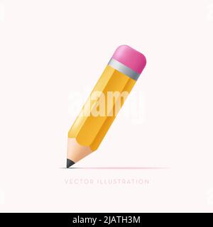 Matita gialla. L'oggetto volumetrico in legno per la scrittura e il disegno. Icona vettoriale in stile cartoon minimal Illustrazione Vettoriale