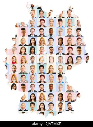 Ritratti dei dipendenti di diverse professioni sulla mappa tedesca come concetto di carriera Foto Stock