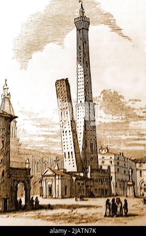 Un'incisione del 19th° secolo delle torri pendenti di Bologna (Asinelli & Garisenda) ------ Un'incisione del 19° secolo delle torri pendenti di Bologna, Italia (Asinelli e Garisenda) Foto Stock