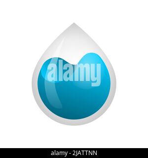 Modello con logo Blue Drop of Water. Contenitore di liquido blu. Icona della goccia d'acqua su sfondo bianco. Simbolo acqua depurata pulita. Risparmiare acqua. Vettore Illustrazione Vettoriale