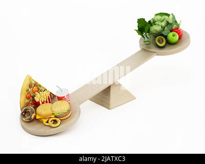 Fast food contro cibo sano in piedi a due estremità della sabuda. 3D illustrazione. Foto Stock