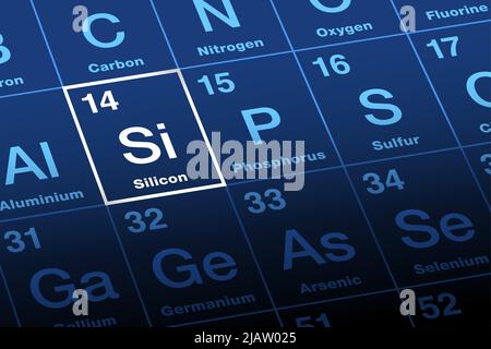 Silicio su tavola periodica degli elementi. Elemento chimico e semiconduttore con simbolo si e numero atomico 14. Foto Stock