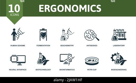 Icona del set di ergonomia. Icone modificabili tema ergonomia come genoma umano, biochimica, laboratorio e altro ancora. Illustrazione Vettoriale
