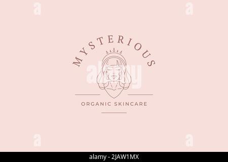 Mitica regina donna faccia in tiara toccare pelle bellezza cura ritratto minimalista linea arte logo illustrazione vettoriale. Antica principessa femminile in corona p Illustrazione Vettoriale