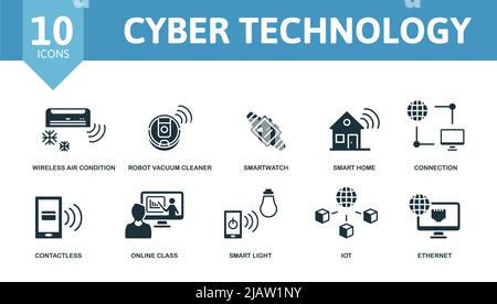Serie di icone della tecnologia Cyber. Contiene icone modificabili tema della tecnologia internet come aria condizionata wireless, smartwatch, connessione e altro ancora. Illustrazione Vettoriale