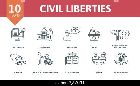 Icona Civil Liberties Set (libertà civili impostate). Icone modificabili tema delle libertà civili come i mass media, religiosi, tutela ambientale e altro ancora. Illustrazione Vettoriale