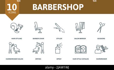Icona del set del barbiere. Icone modificabili tema barbershop come capelli styling, styler, forbici e altro ancora. Illustrazione Vettoriale