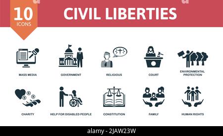 Icona Civil Liberties Set (libertà civili impostate). Icone modificabili tema delle libertà civili come i mass media, religiosi, tutela ambientale e altro ancora. Illustrazione Vettoriale