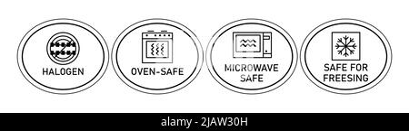Icone: Alogeno , cassaforte per microonde, cassaforte per freesing, cassaforte per forno . Scopo di induzione per stufe e forni. Per indicare la superficie dei piatti. Vettore Illustrazione Vettoriale