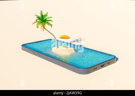 3D rendering di isola sabbiosa con palme e sdraio con ombrello circondato da mare ondeggiante sullo schermo del moderno cellulare su sfondo rosa Foto Stock