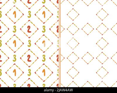 Baby cartoon Numbers Set di motivi senza giunture. Disegno a mano della linea di pennello di doodle di vernice, tavolozza di colori neutri di genere brillante. Tessuto arredamento stanza da bagno Illustrazione Vettoriale