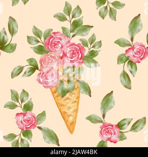 Cono gelato con cialda e bouquet floreale. Gelato. Acquerello motivo senza cuciture con un bouquet di rose in una cialda croccante conica. Disegnato a mano Foto Stock