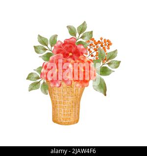Composizione acquerello di fiori in una tazza di cialda. Cartolina, banner con rose. Bouquet di rose in una tazza di gelato. Composizione estiva. Foto Stock
