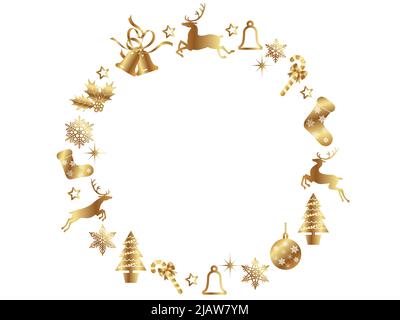 Astratto cornice Natale oro Wreath con Charms Natale isolato su uno sfondo bianco, illustrazione vettoriale. Illustrazione Vettoriale