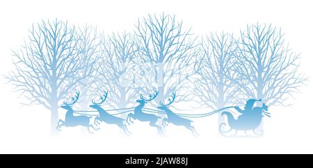 Illustrazione di Natale con foresta, Babbo Natale, e renne isolate su uno sfondo bianco. Illustrazione vettoriale. Illustrazione Vettoriale