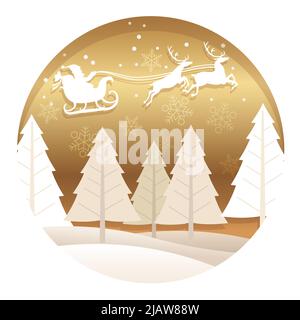Illustrazione del rilievo del 3-D del ciclo di oro di Natale con Foresta, Babbo Natale e renne isolate su uno sfondo bianco. Illustrazione vettoriale. Illustrazione Vettoriale