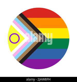 Icona di Circolo Rainbow con la nuova bandiera Progress Pride. Simbolo della comunità LGBT. Illustrazione vettoriale. Pulsante flat vettoriale per applicazioni e siti Web Illustrazione Vettoriale