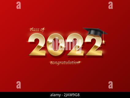 2022 banner per la cerimonia di laurea. Concetto di premio con cappello accademico, numeri d'oro e testo su sfondo rosso. Illustrazione Vettoriale