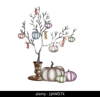 Composizione di zucca di Halloween. Pipistrello, cranio, zucca su un vassoio, libro magico, inchiostro, candela disegno a mano acquerello illustrazione. Foto Stock