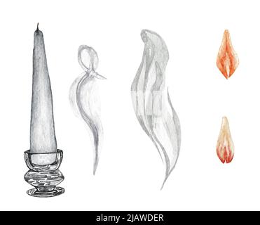 Acquerello disegno a mano con candele e fumo su bianco. Foto Stock