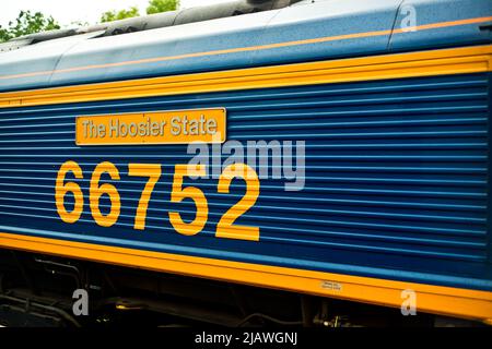 GBRF Classe 66752 dettaglio della targhetta Hoosier state Foto Stock