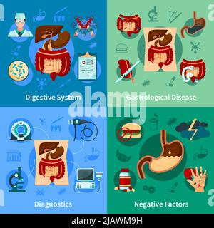 Insieme di quattro icone di colore quadrato del sistema digestivo con diagnosi di malattia gastrologica e fattori negativi descrizioni vettoriali illustrazione Illustrazione Vettoriale