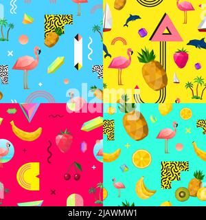 Motivi poligonali senza cuciture decorativi composizione di 4 quadrati con frutti tropicali fenicottero rosa e delfino illustrazione vettoriale astratta Illustrazione Vettoriale