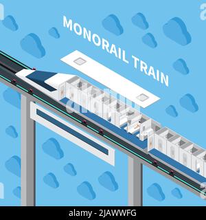 Composizione isometrica del treno di velocità monorotaia con illustrazione vettoriale del costruttore interno dell'automobile e dei passeggeri in viaggio Illustrazione Vettoriale