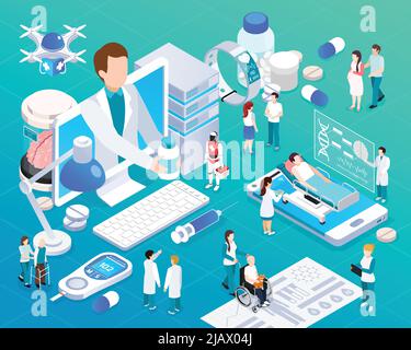 Dispositivi mobili telemedicina servizio sanitario glow composizione isometrica con prescrizione medica virtuale Drone consegna illustrazione vettoriale Illustrazione Vettoriale