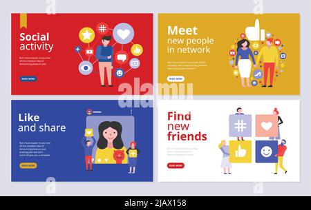 Concetto di social media 4 banner flat disegno di pagina web per unire gruppi di rete trovare amici illustrazione vettoriale Illustrazione Vettoriale
