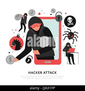 Composizione degli attacchi hacker con icone di rapina digitale e malware su sfondo bianco immagine vettoriale piatta Illustrazione Vettoriale