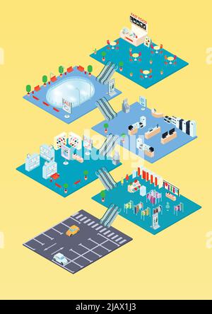 Modello di infografica isometrica del centro commerciale con pianta interna degli interni e diagramma del parcheggio Illustrazione Vettoriale