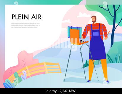 Artista con cavalletto durante la pittura plein aria su sfondo natura immagine vettoriale piatta Illustrazione Vettoriale