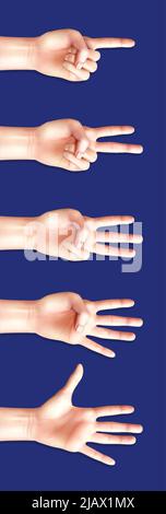 Concetto dei gesti di comunicazione Set di conteggio dei segni delle mani da uno a cinque su sfondo blu illustrazione vettoriale Illustrazione Vettoriale