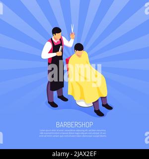 Barbiere maschio con strumenti professionali durante il servizio clienti su sfondo radiale blu illustrazione vettoriale isometrica Illustrazione Vettoriale
